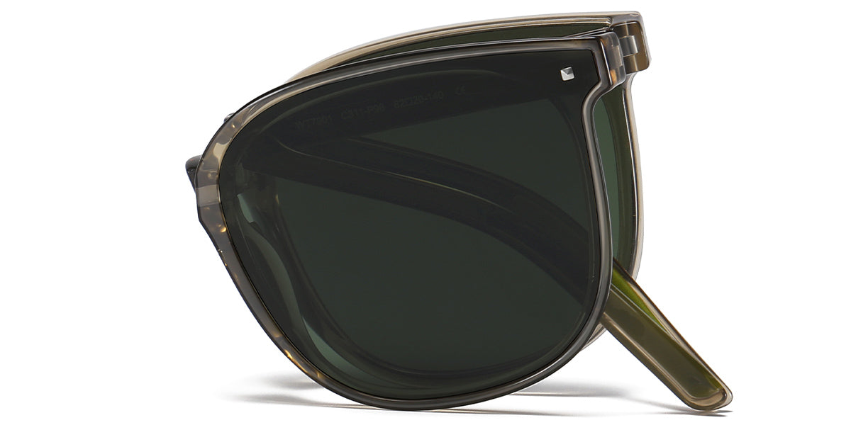 Sunglasses with dark lenses and a green frame on a white background