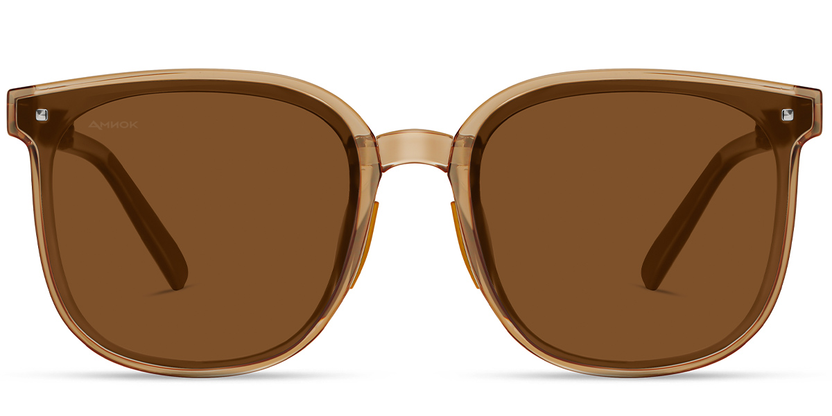 square sunglasses with translucent warm brown frames and matching brown lenses, shown against a plain white background.