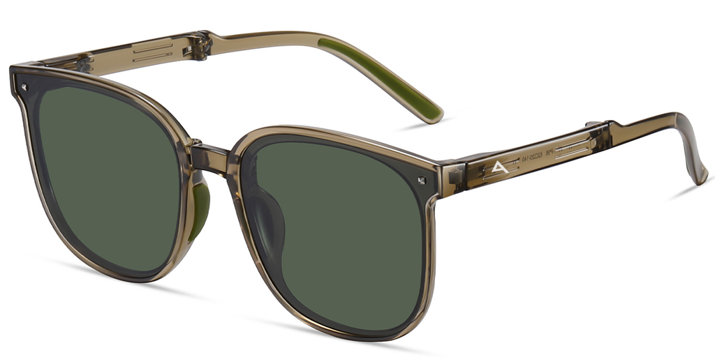 A pair of Aviator sunglasses with translucent brown acetate frames, dark green lenses, and olive green temple tips, shown on a white background.
