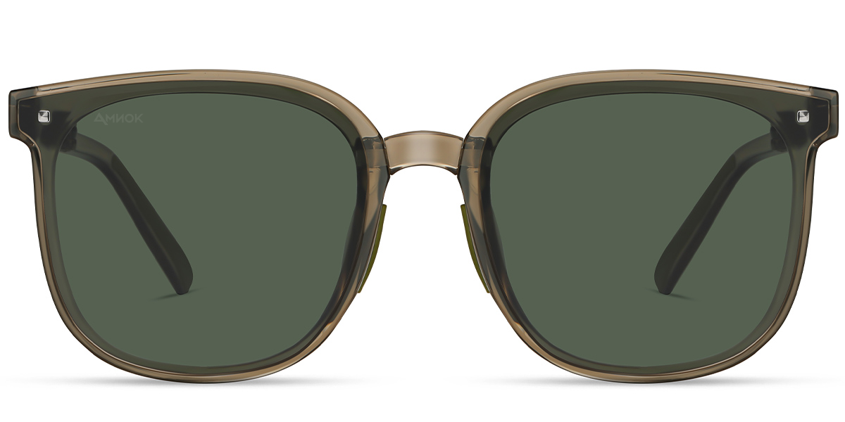square sunglasses with a translucent taupe-brown acetate frame and dark green lenses, shown from the front on a white background.