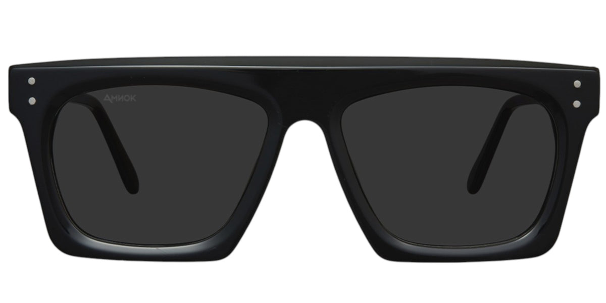 Black square sunglasses with dark lenses and small silver rivet details on the corners, shown against a plain white background.