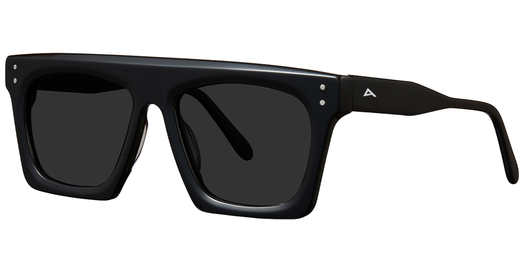 Black oversized square sunglasses with dark lenses and a small white geometric logo on the temple arm, shown on a plain white background.