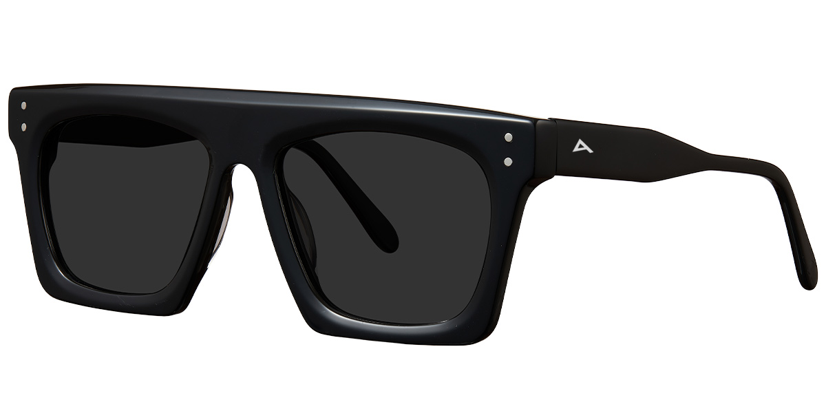 Black oversized square sunglasses with dark lenses and a small white geometric logo on the temple arm, shown on a plain white background.