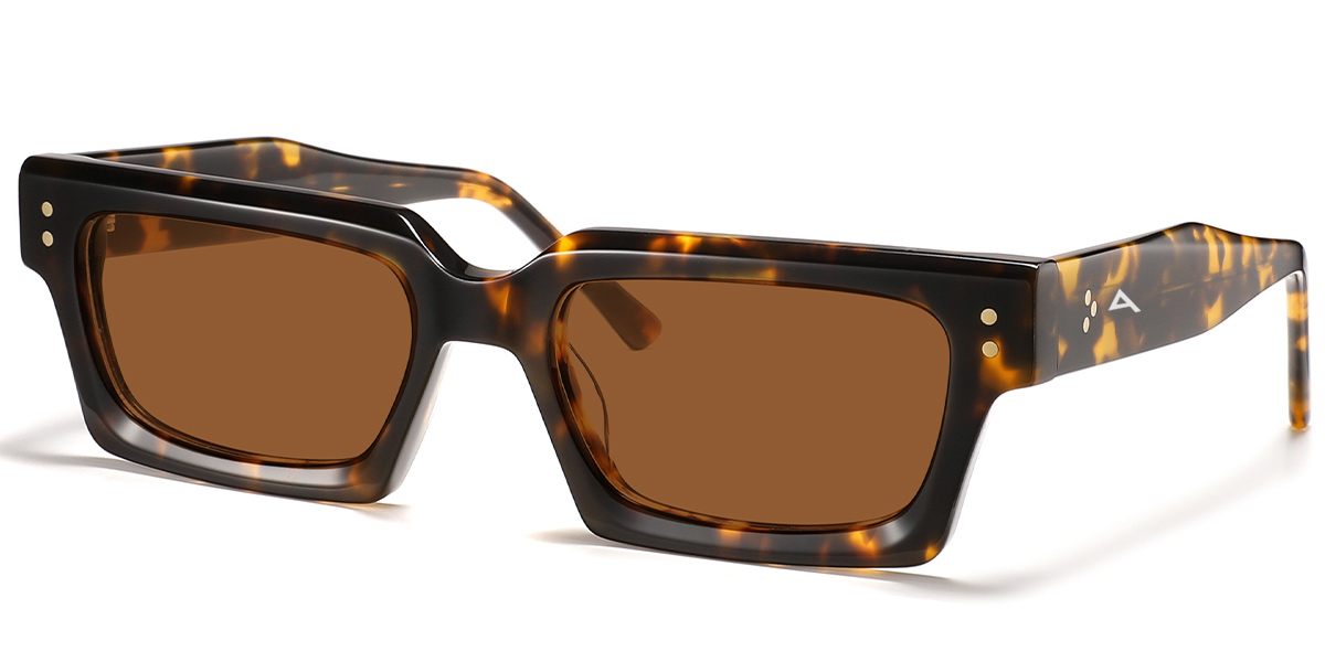 Rectangular sunglasses with a thick black and brown tortoiseshell frame and warm brown lenses, shown on a clean white background.