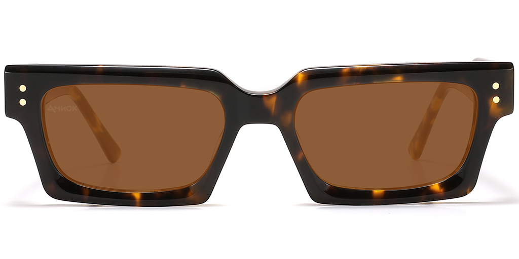 A pair of square sunglasses with a dark tortoiseshell frame and warm brown lenses, shown against a plain white background.