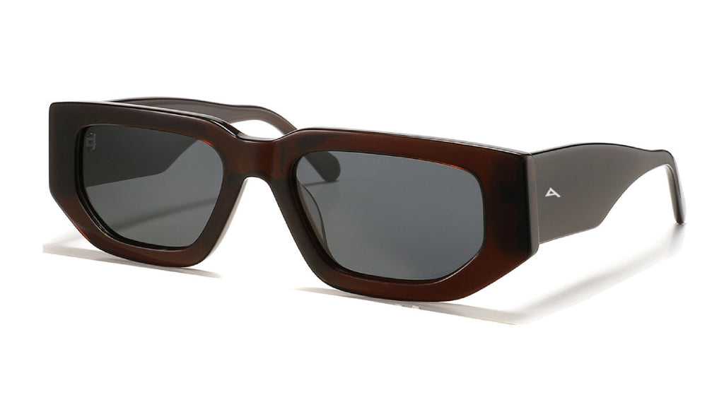 A pair of designer sunglasses with a dark brown acetate frame, dark gray lenses, and a small white geometric logo on the temple arm, shown on a white background.