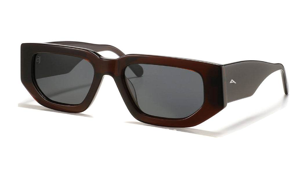 A pair of designer sunglasses with a dark brown acetate frame, dark gray lenses, and a small white geometric logo on the temple arm, shown on a white background.