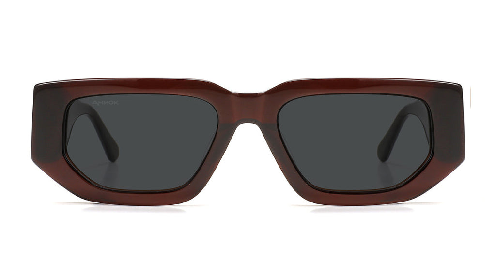 A pair of designer sunglasses with a dark brown acetate frame, dark gray lenses, and a small white geometric logo on the temple arm, shown on a white background.