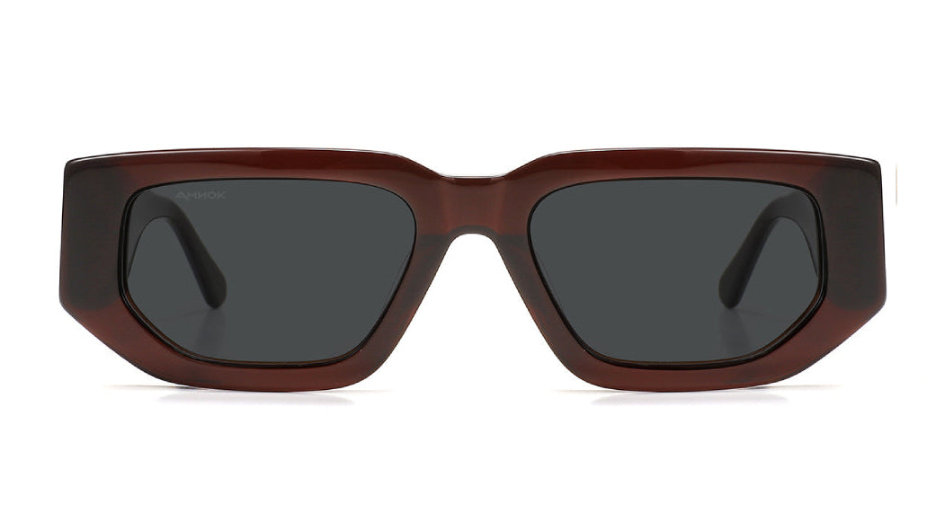 A pair of designer sunglasses with a dark brown acetate frame, dark gray lenses, and a small white geometric logo on the temple arm, shown on a white background.