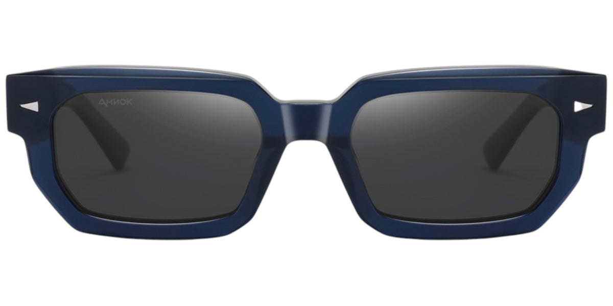 A pair of square sunglasses with a glossy dark blue frame and dark gray lenses, shown from the front on a solid white background.