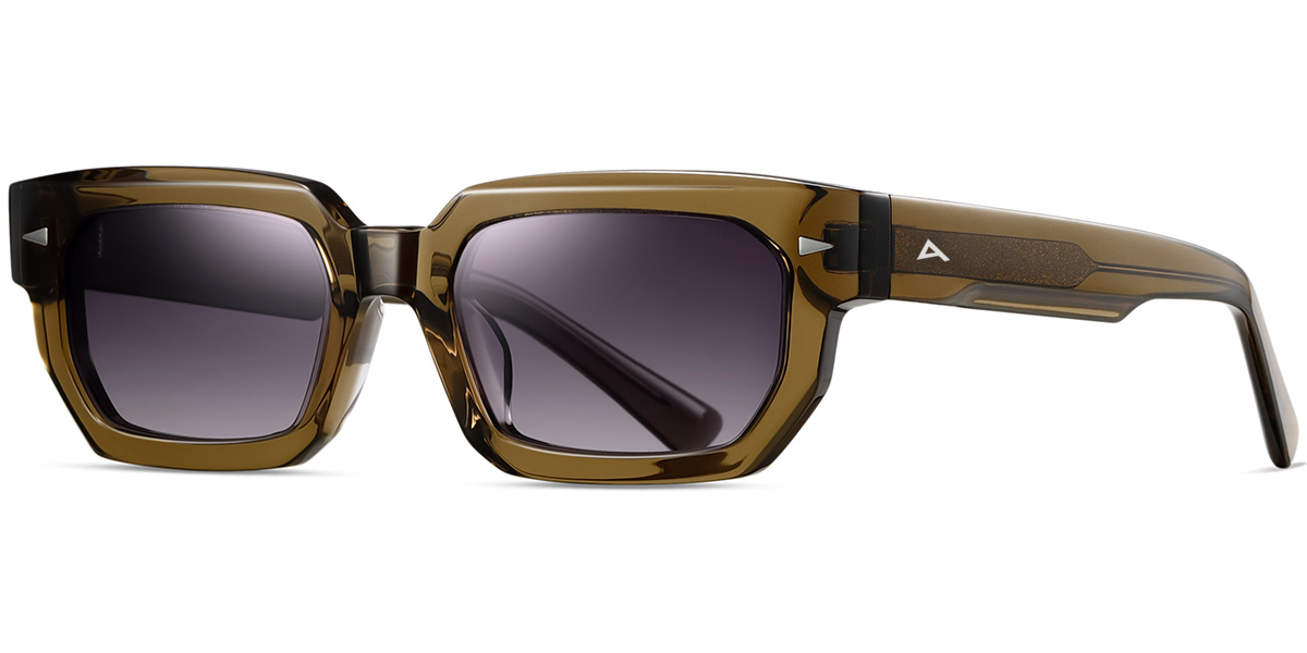 A pair of angular square sunglasses with translucent olive-brown frames and dark gray lenses, shown from a side profile on a white background.