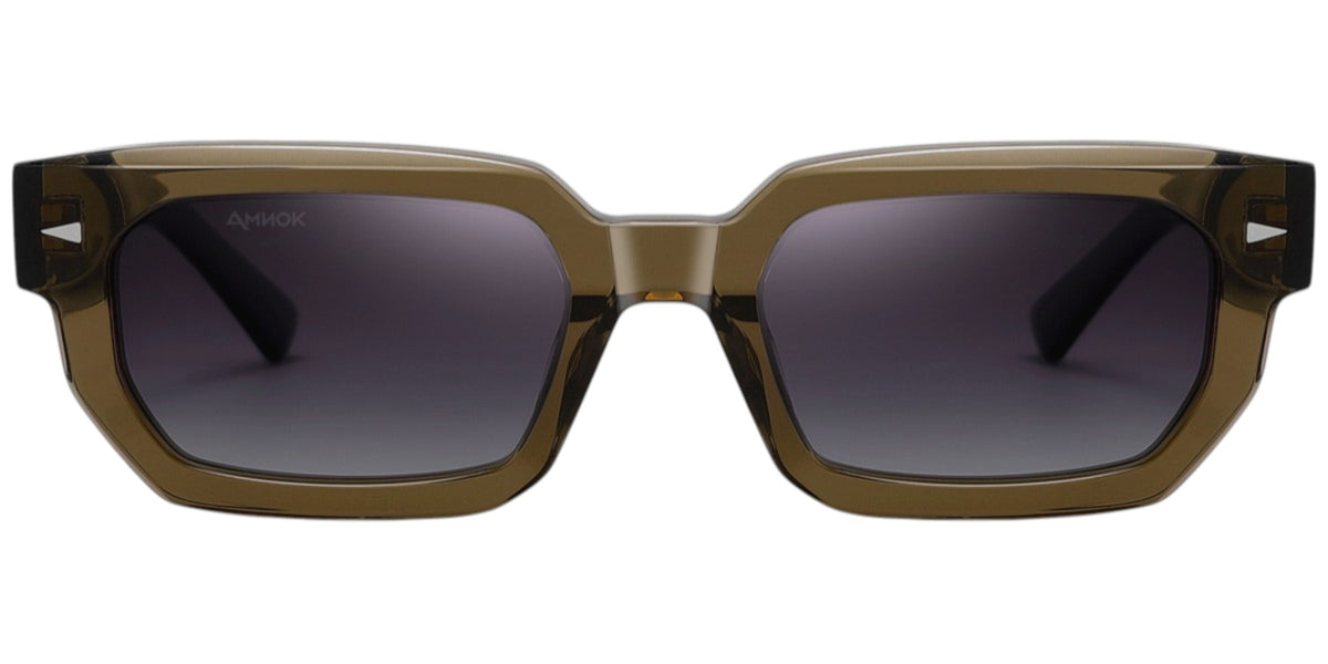 A pair of square sunglasses with a translucent olive-brown acetate frame and dark gray gradient lenses, shown from the front on a white background.
