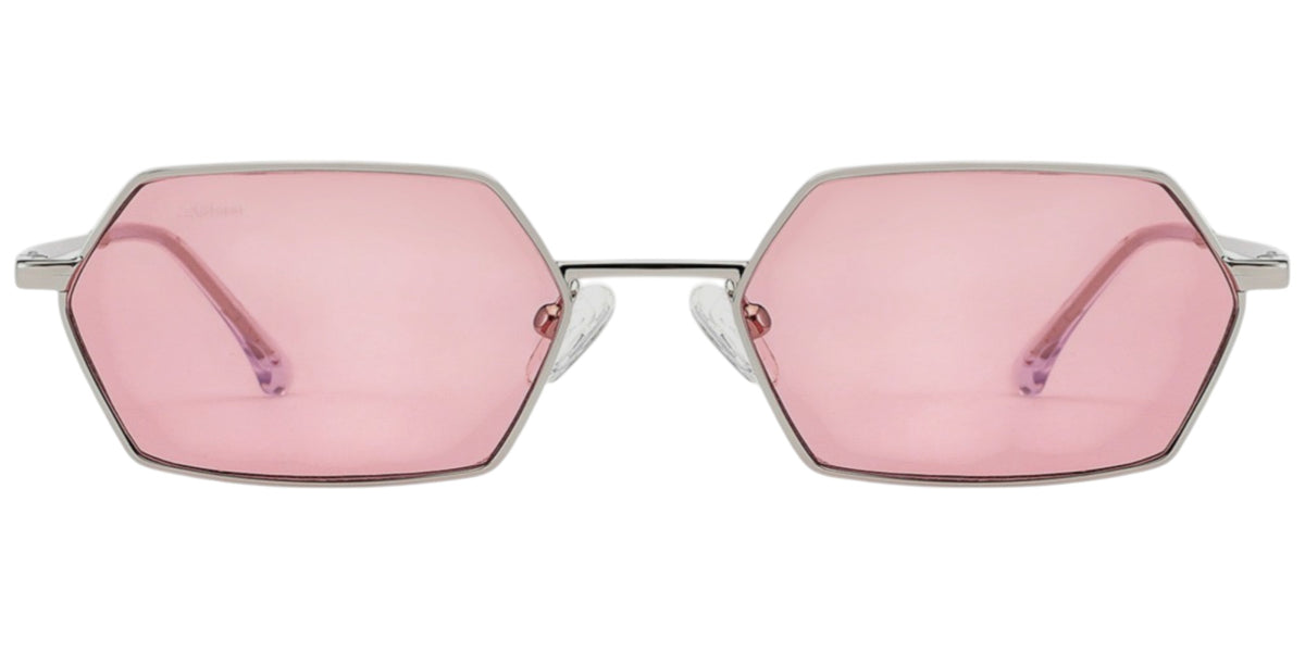Hexagonal pink sunglasses with a silver metal frame and temples, shown against a plain white background.