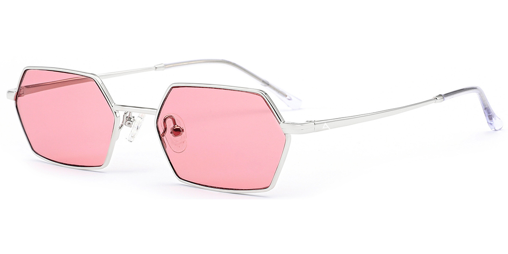 Hexagonal sunglasses with pink tinted lenses and a thin silver metal frame, shown on a plain white background.