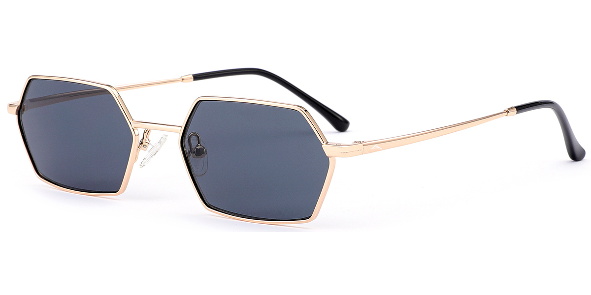 Hexagonal sunglasses with a gold metal frame, dark gray lenses, and black temple tips, shown on a plain white background.