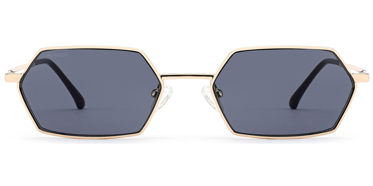 Hexagonal sunglasses with a gold metal frame and dark gray lenses, shown against a plain white background.