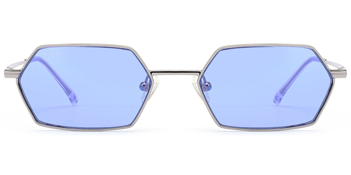 Hexagonal sunglasses with light blue lenses and a thin silver metal frame, shown against a plain white background.