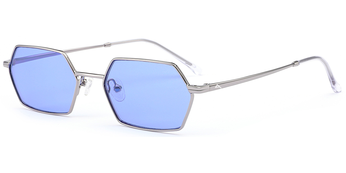 Hexagonal sunglasses with light blue lenses and a thin silver metal frame, shown on a plain white background.