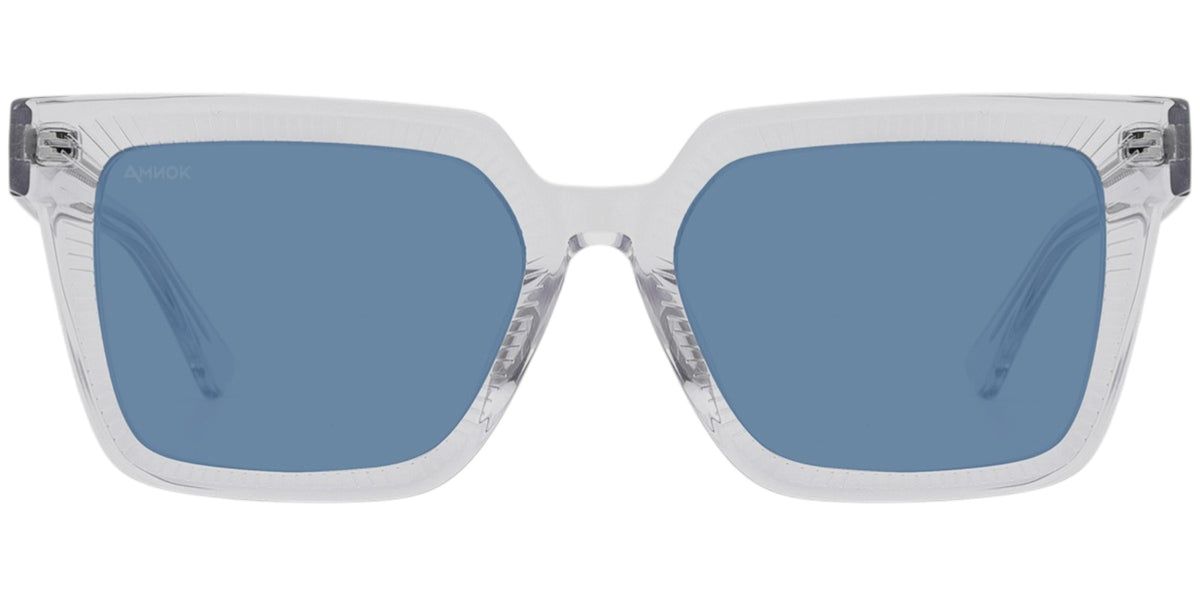 Square sunglasses with a translucent clear acetate frame and muted blue lenses, shown from the front on a white background.