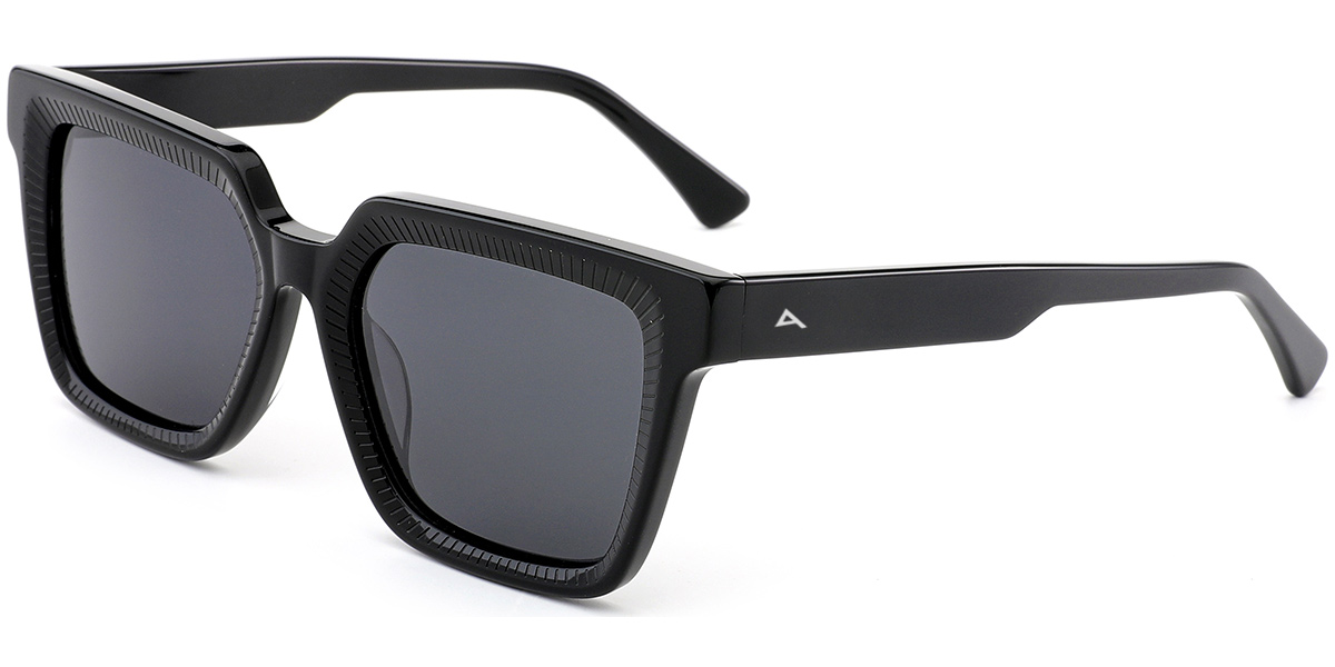 Black square sunglasses with dark lenses and a small white geometric logo on the temple arm, shown on a plain white background.