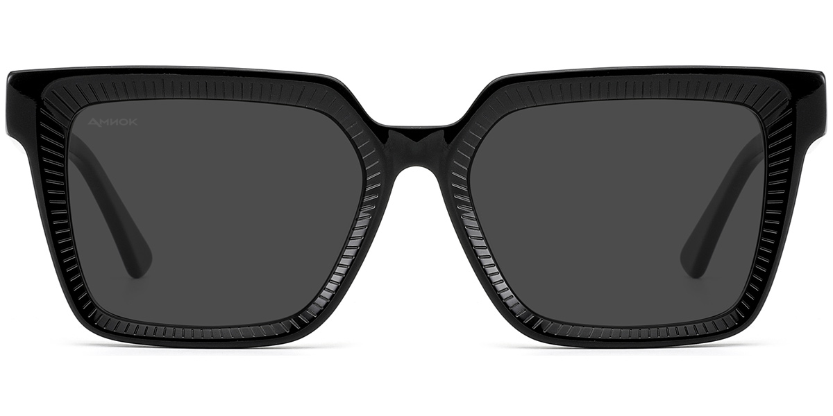 Black square sunglasses with dark gray lenses and a textured frame, shown against a plain white background.