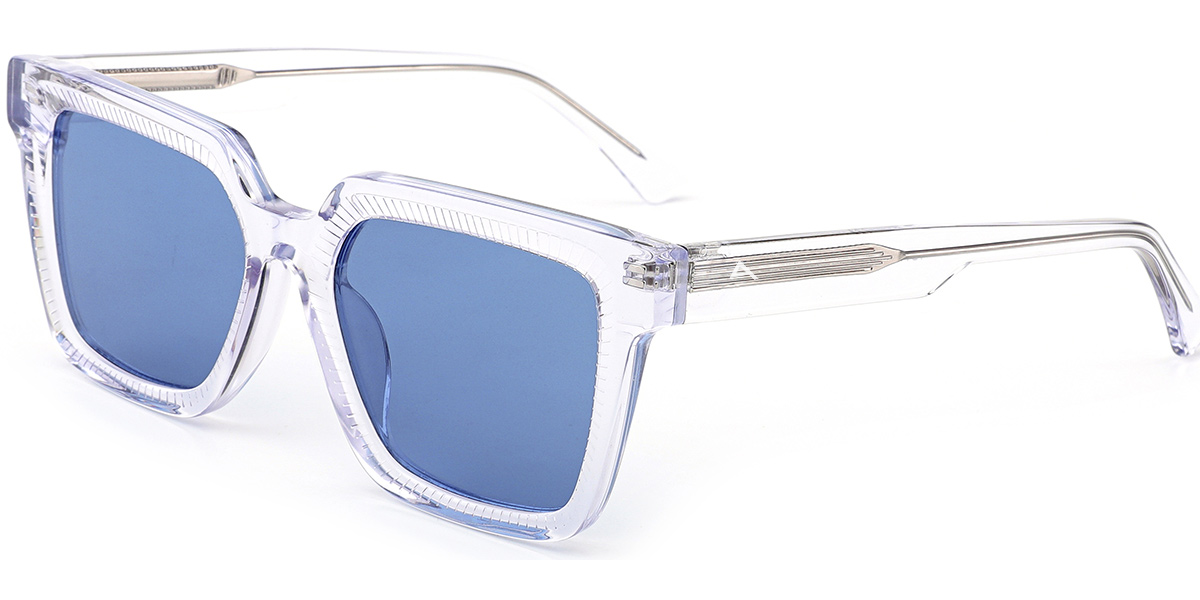 Square sunglasses with a translucent clear acetate frame and blue mirrored lenses, shown on a plain white background.