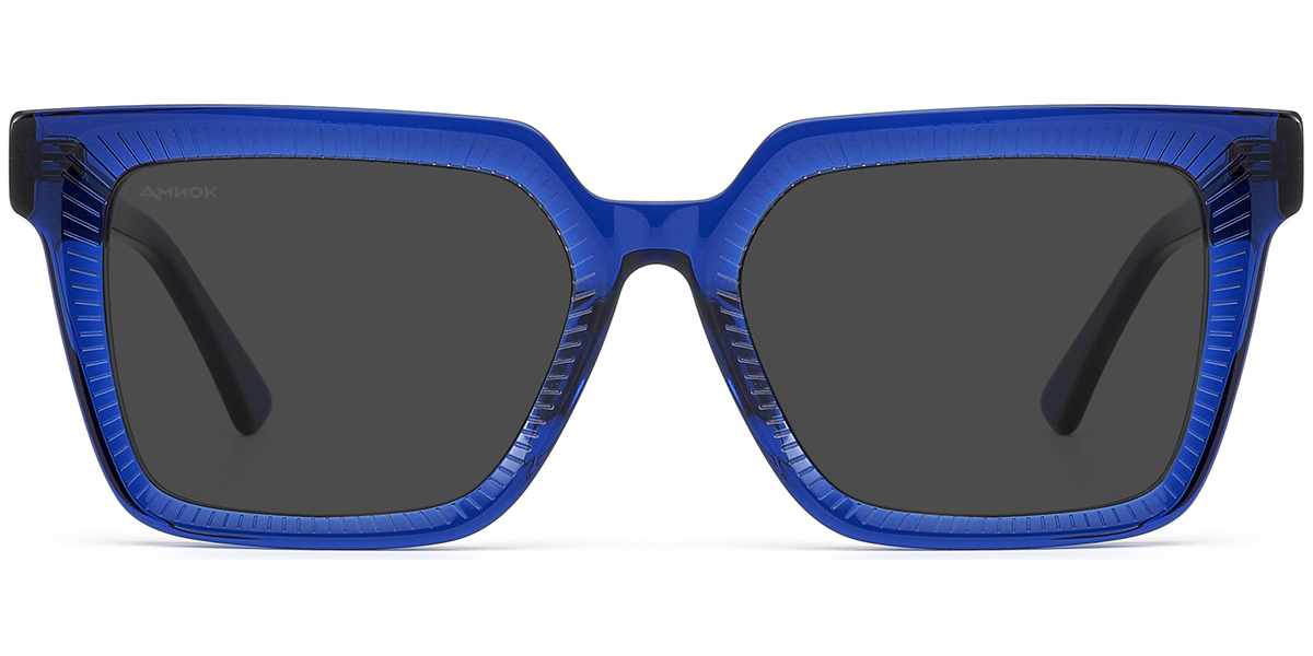 Blue cat-eye sunglasses with dark gray lenses, shown from the front on a white background.