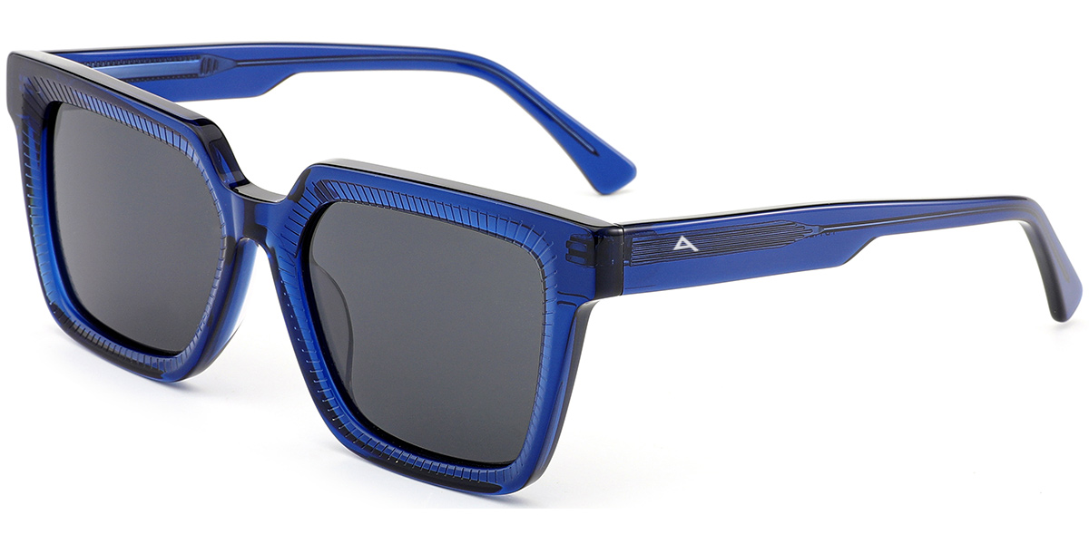 Blue acetate square sunglasses with dark gray lenses and a small white geometric logo on the temple arm, shown on a white background.