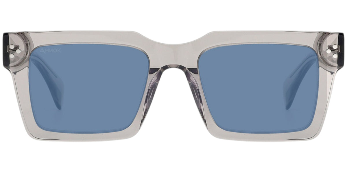 Square sunglasses with a translucent light gray frame and blue lenses, shown from the front on a white background.