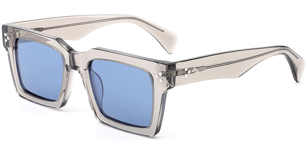 Square sunglasses with translucent light gray frames and blue lenses, shown on a plain white background.