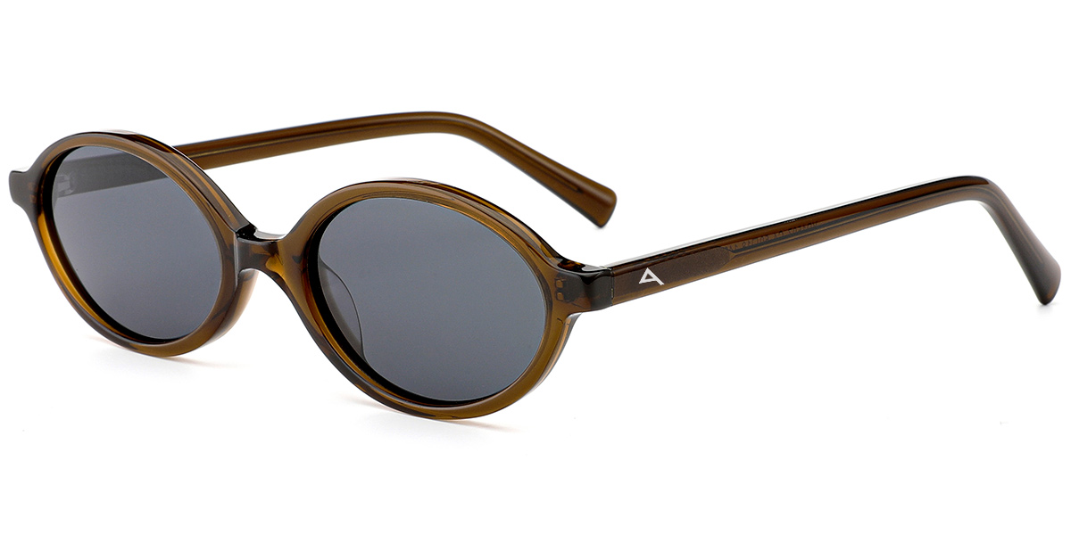 Oval sunglasses with a translucent brown acetate frame and dark gray lenses, shown on a plain white background.