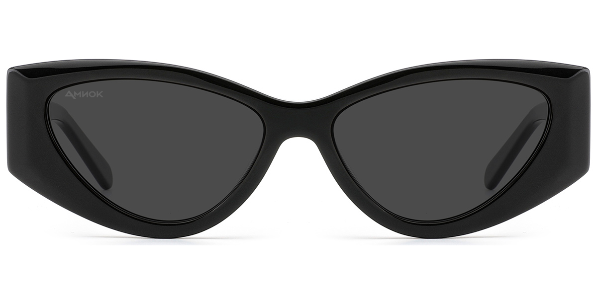 Black cat-eye sunglasses with dark gray lenses, shown from the front on a white background.