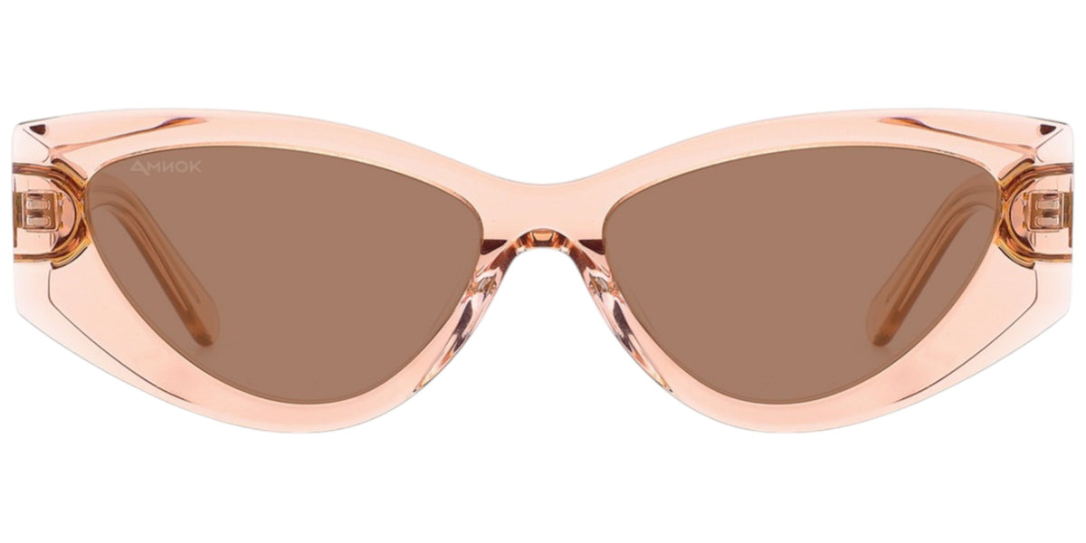 A pair of cat-eye sunglasses with a translucent rose gold frame and brown tinted lenses, shown against a plain white background.