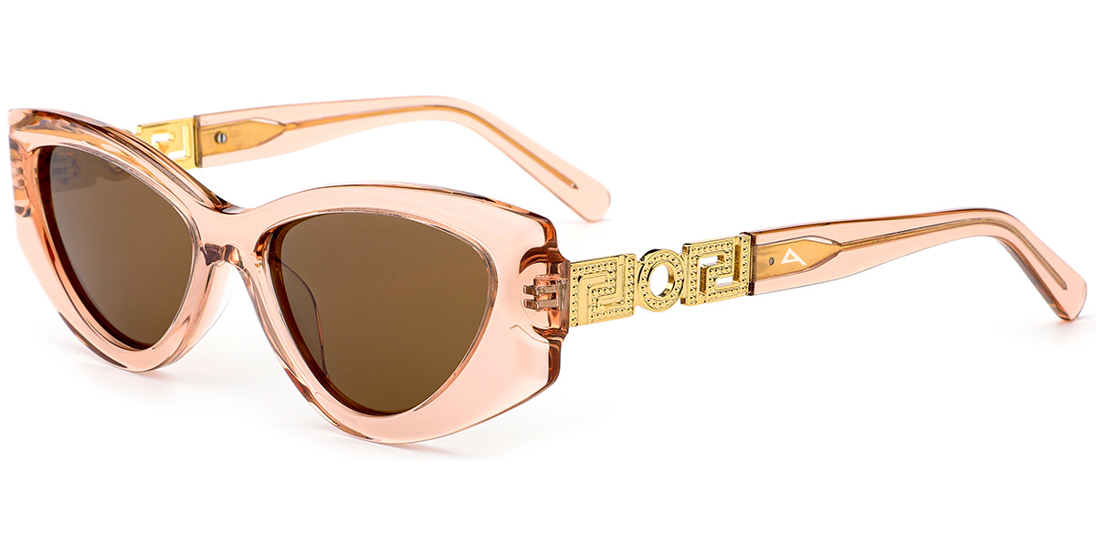 Cat-eye sunglasses with a translucent rose gold frame, gold-tone metal hardware, and brown lenses, shown on a white background.