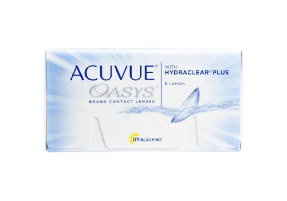 Acuvue Oasys contact lenses in a white and light blue box with Hydraclear Plus technology.