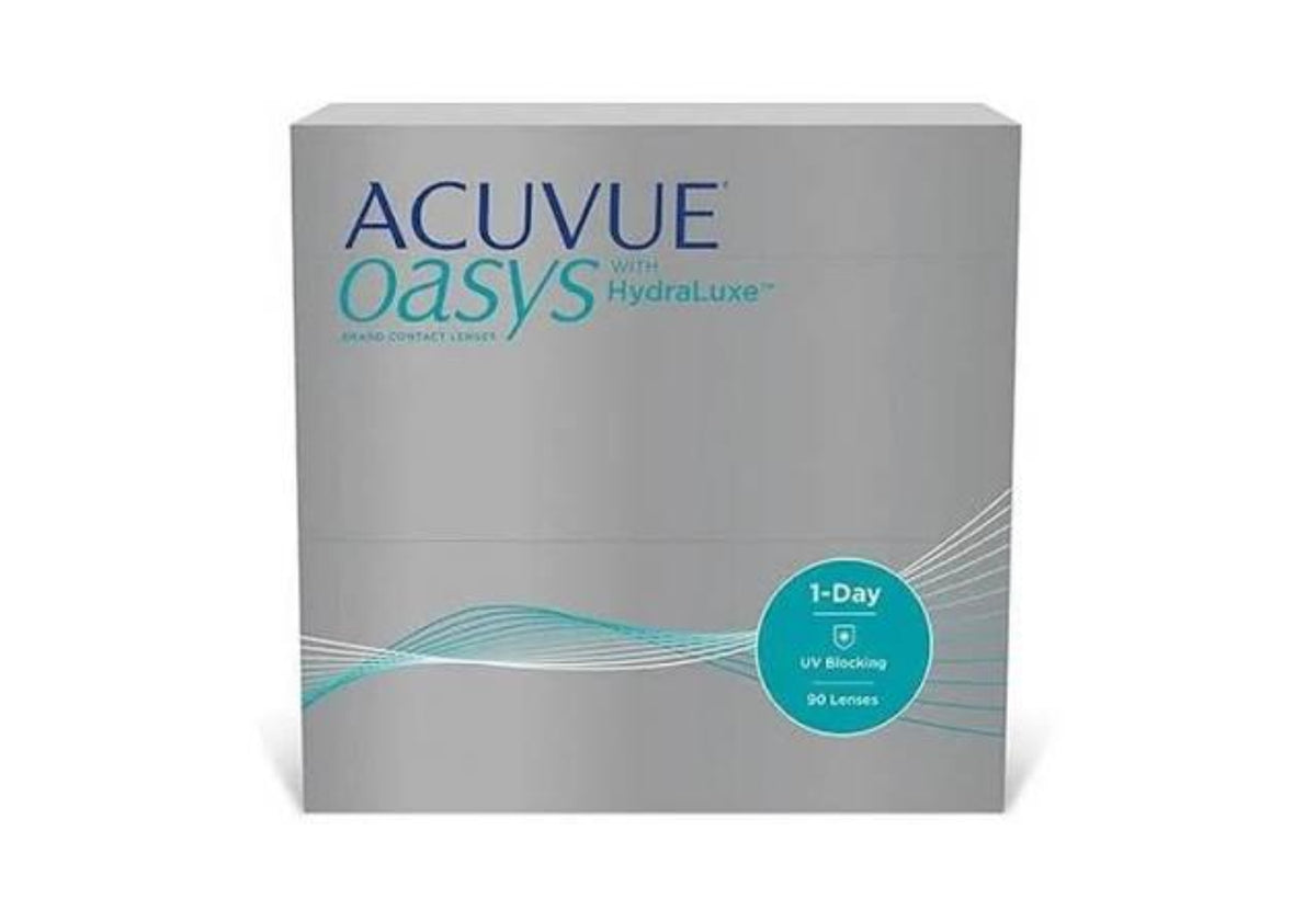 Acuvue Oasys with HydraLuxe 1-Day contact lens box, featuring a gray packaging design with blue and teal branding and a circular badge indicating 90 lenses.