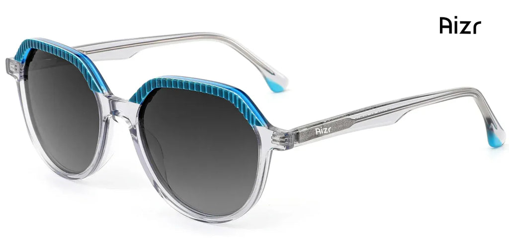 Sunglasses with blue accents and clear frame on a white background, branded 'Aizr'.