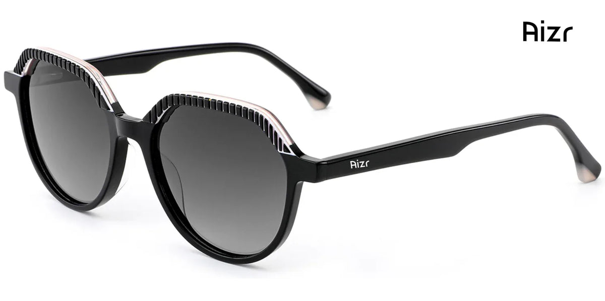 Black sunglasses with gradient lenses on a white background, branded 'Aizr'.