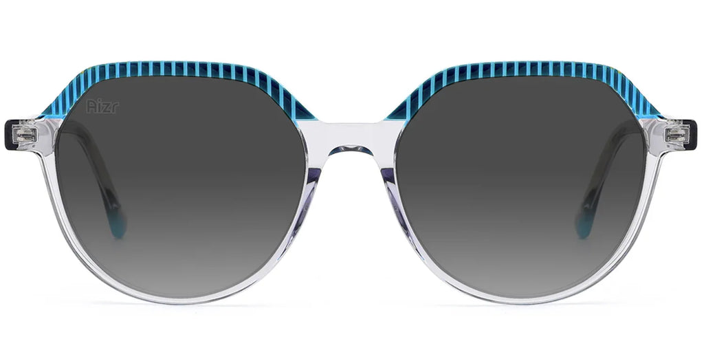 Sunglasses with blue and clear frame on a white background