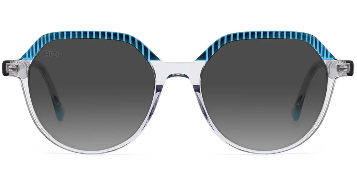 Sunglasses with blue and clear frame on a white background