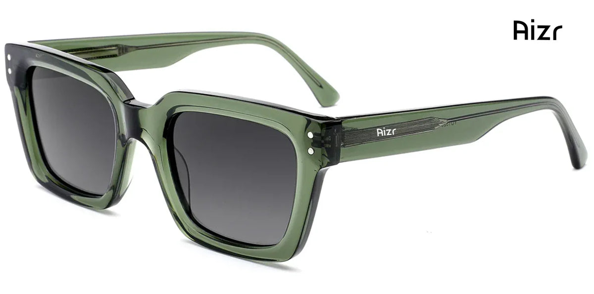 Green sunglasses with a clear frame on a white background, featuring the brand 'Aizr'.