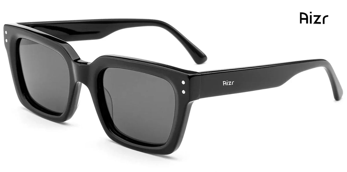 Black sunglasses with 'Aizr' branding on a white background