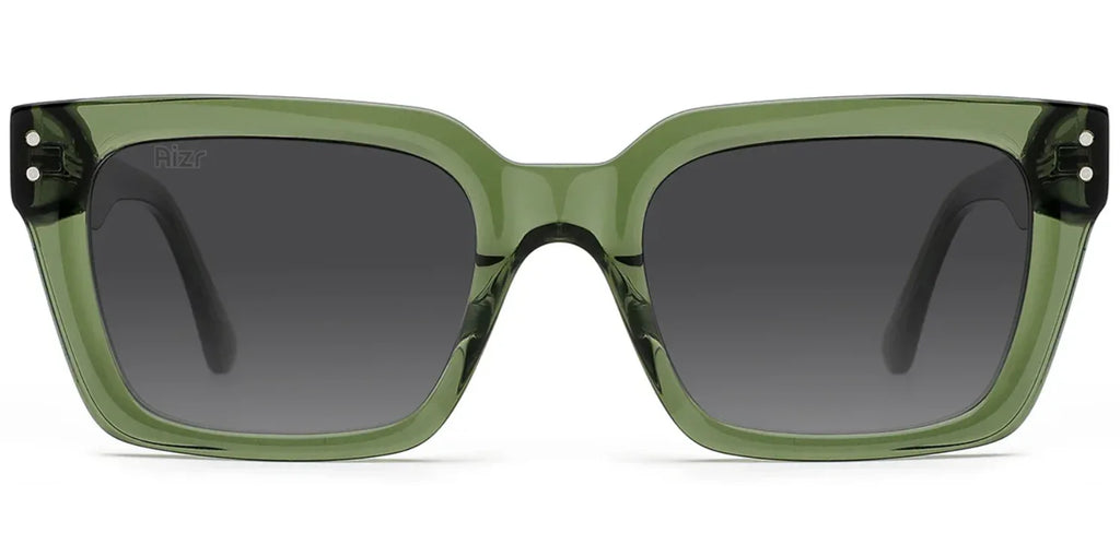 Green sunglasses with dark lenses on a white background