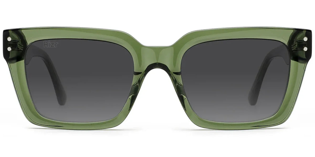 Green sunglasses with dark lenses on a white background