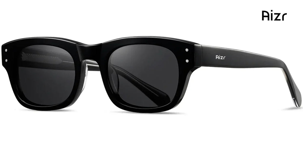 Black sunglasses with 'Aizr' branding on a white background