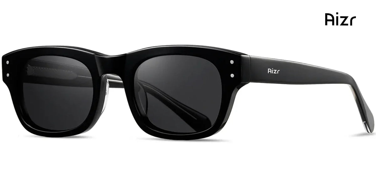 Black sunglasses with 'Aizr' branding on a white background
