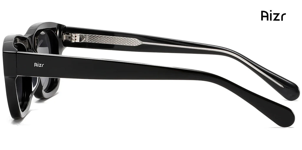 Black sunglasses with 'Aizr' branding on a white background
