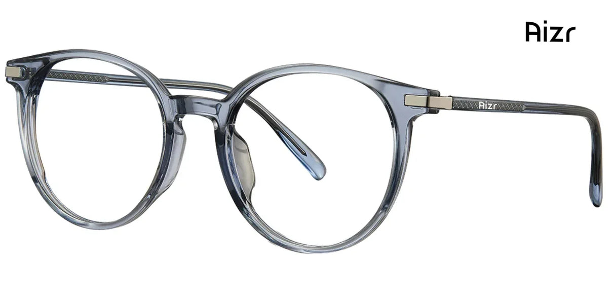 Round eyeglasses with a blue-tinted frame on a white background, branded 'Aizr'.