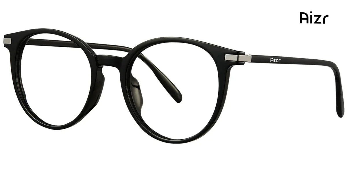 Black eyeglasses with 'Aizr' branding on a white background