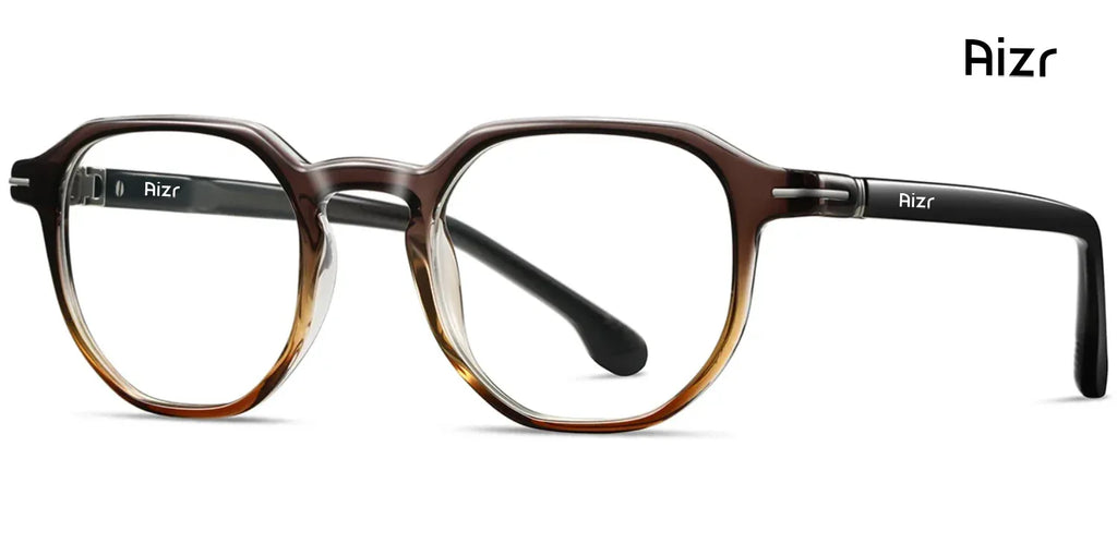 Brown round eyeglasses with 'Aizr' branding on a white background